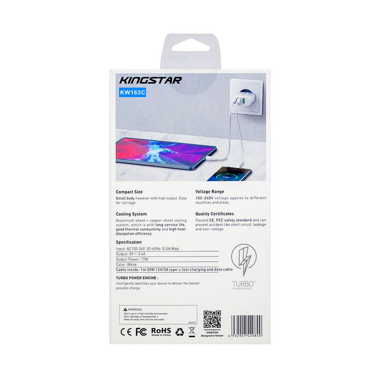 آداپتور 17 وات کینگ استار مدل KW163C به همراه کابل USB-C