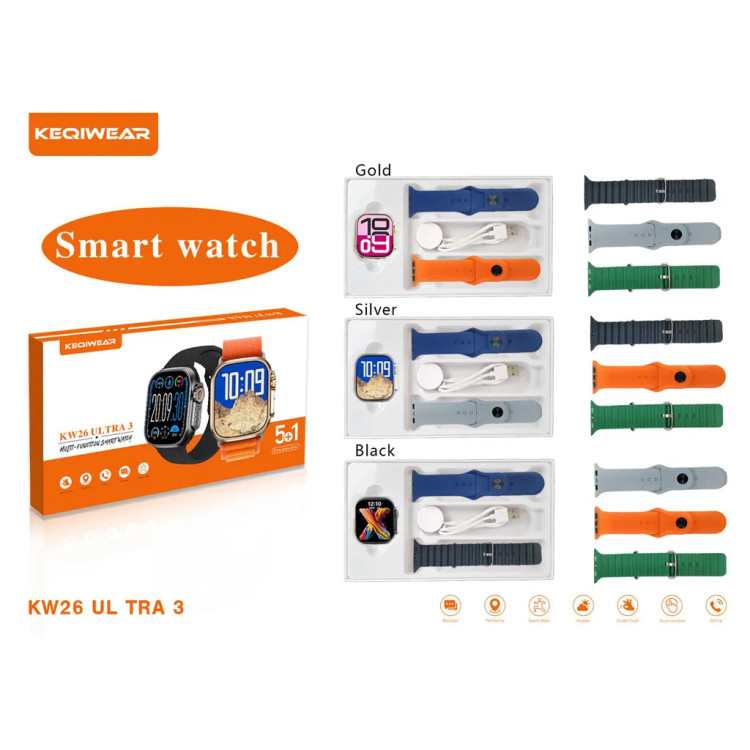 ساعت هوشمند 49 میلی متری کیکویر مدل KW26 ULTRA 3 با 6 بند
