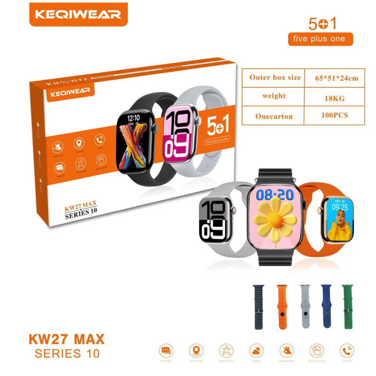 ساعت هوشمند 46 میلیمتری کیوکویر مدل KW27 MAX series 10 با 6عدد بند