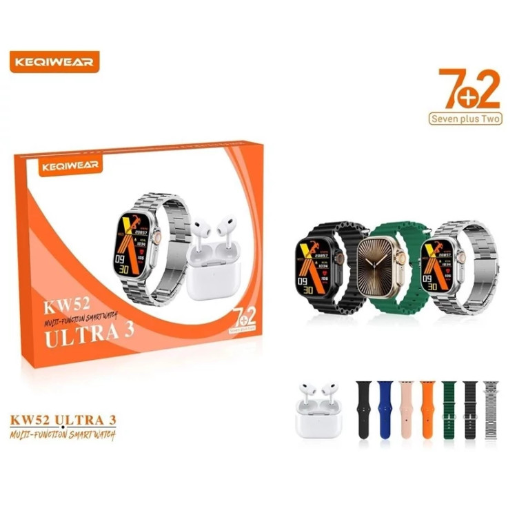 ساعت هوشمند KEQIWEAR مدل KW52 ultra3 همراه با ایرپاد و7 بند